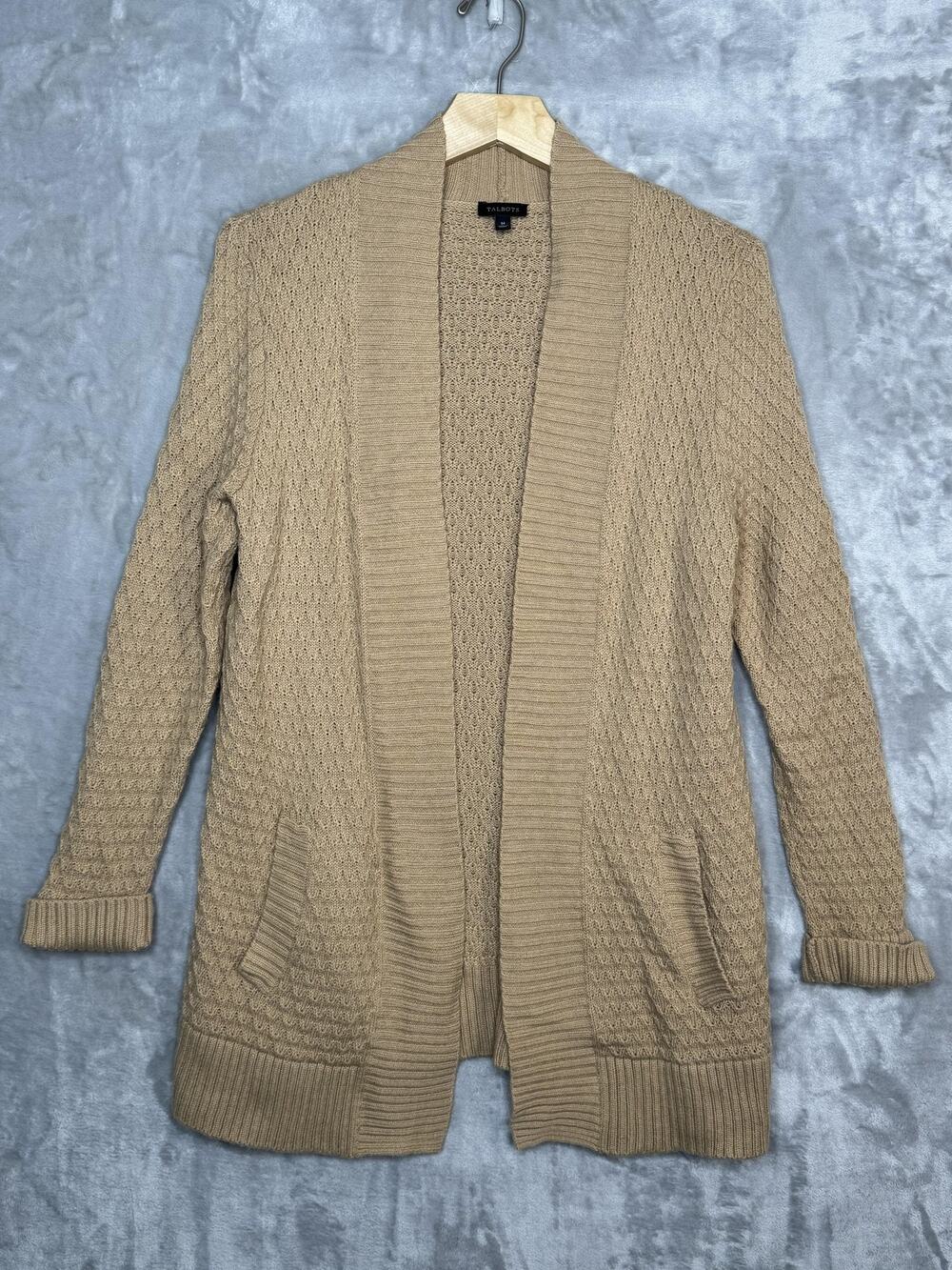 Talbots Sweater Womens Medium Tan Open Front Cardigan Lambswool Pockets Knit
